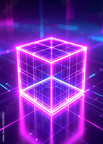 A glowing, neon-lit cube suspended amidst a network of digital lines and light.