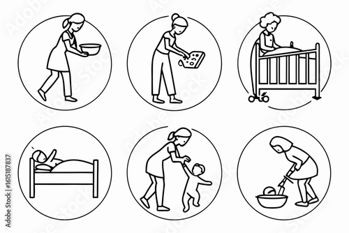 Daily Care Activities Icons for Child and Home.