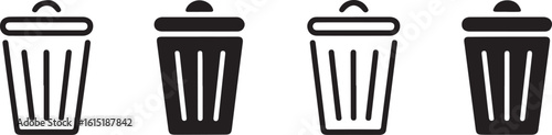 Trash bin icon set. Minimalist trash bin icon in black outline for delete or remove interface action. Trash Can or Recycle Bin Icon.