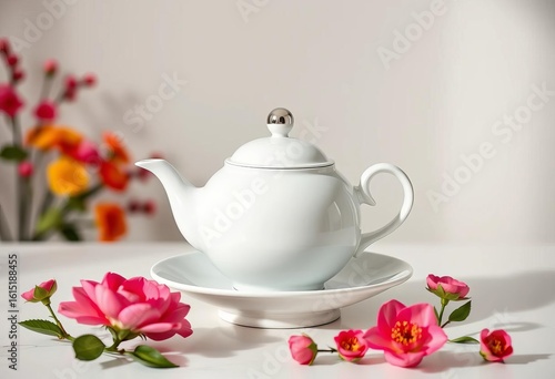 Elegant porcelain teapot on pristine white, ample copy space,   background,   home