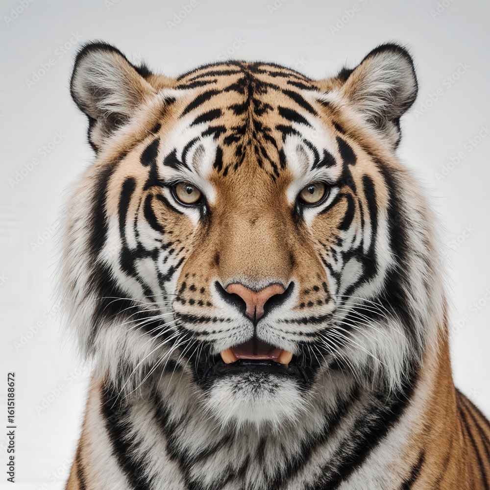 Fototapeta premium Majestic Tiger Portrait: A striking studio portrait of a powerful tiger, showcasing its intricate stripes, piercing gaze, and the raw beauty of the wild.