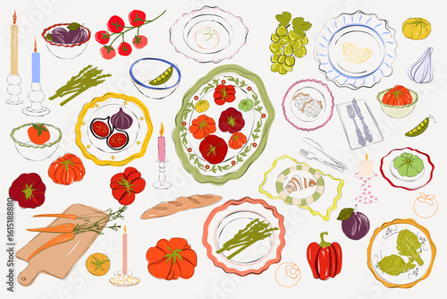 Cozy fall harvest concept, perfect for menu design, kitchen prints, or editorial projects. Warm color palette and nostalgic dining vibe. Hand-drawn vector illustration.
