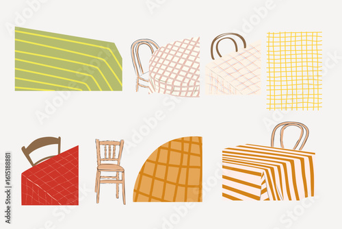Set of hand-drawn tablecloth patterns and rustic chairs. Cozy textile illustrations in warm autumn colors. Perfect for kitchen design, cafe branding, print projects, and farmhouse-style packaging. 