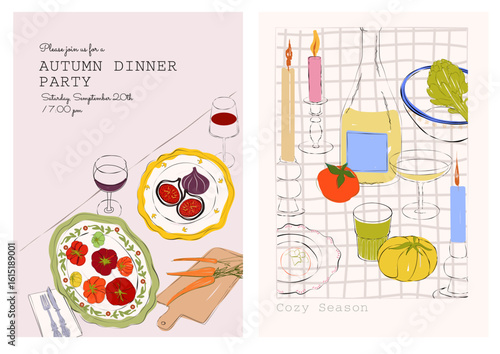 Set of cozy fall posters with cozy vibes with soft candlelight, drinks, and seasonal vegetables. Ideal for kitchen wall art, seasonal decor, or Thanksgiving printables.