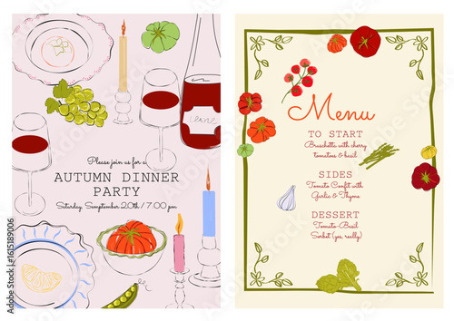 Set of fall aesthetic posters. Charming fall dinner invitation and illustrated autumn menu with vegetables and wine. Hand-drawn cozy kitchen scene. Perfect for seasonal events, Thanksgiving.