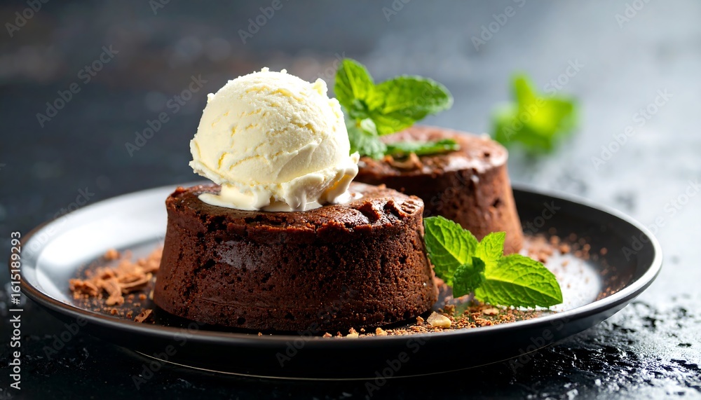 Two chocolate desserts topped with ice cream Two chocolate desserts topped with ice cream