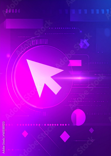 A digital illustration featuring a glowing cursor, geometric shapes, and a futuristic design.