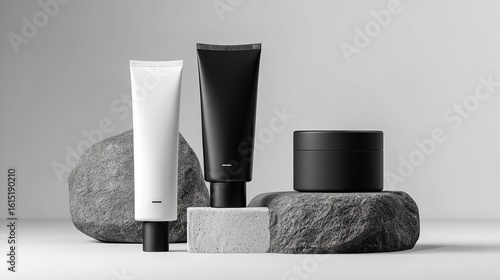 Black facial cream tube and cosmetic jar on a white background with a black rock podium, a mockup for beauty product advertising or presentation, close-up view, Generative AI.