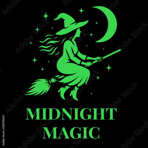 Fliegende Hexe bei Nacht im Schein des Mondes - magisches Wicca-Motiv mit Besen, Sternen und Sichelmond für moderne Hexen, spirituelle Frauen und alle, die die Mitternacht lieben.