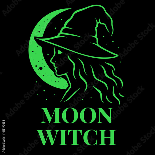 Moon Witch mit Hexenhut und Sichelmond - ein mystisches Motiv für spirituelle Frauen, Wicca-Fans, Rituale bei Neumond und moderne Hexen im magischen Mondschein-Stil.