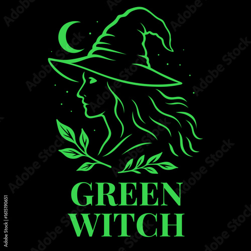 Mystische Green Witch mit Mondsichel, Hexenhut und Pflanzen. Perfekt für spirituelle Naturfans, Hexen, Rituale, Kräutermagie und moderne Wicca-Ästhetik im grünen Stil.