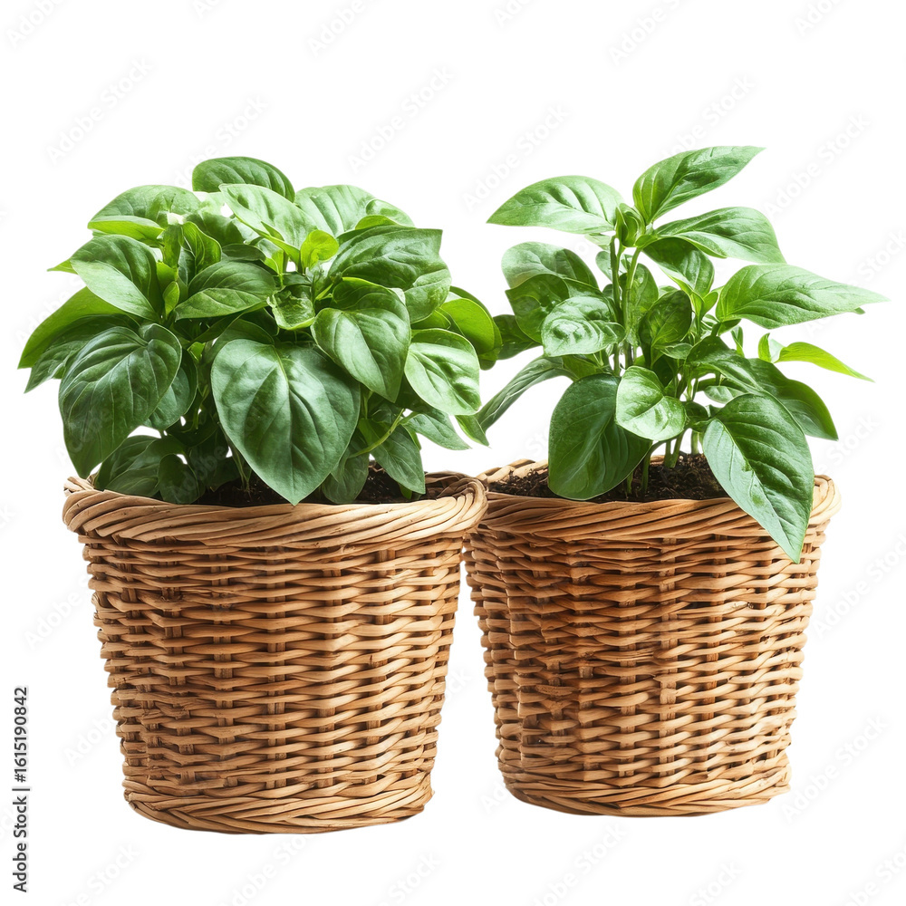 Naklejka premium Vibrant green basil plants in woven baskets adding freshness to home decor on transparent background