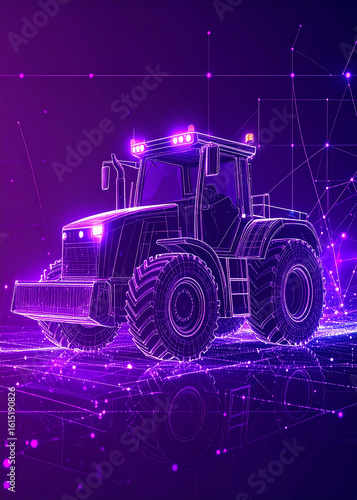 Futuristic digital rendering of a tractor, highlighted with glowing lines and connected points.
