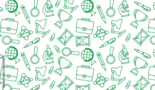 Seamless green pattern with doodle icons of science, education, and business supplies