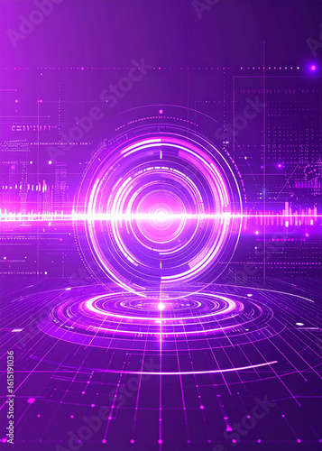 Abstract futuristic technology background with glowing purple circles, lines, and digital grid, creating a sense of depth and advanced innovation.