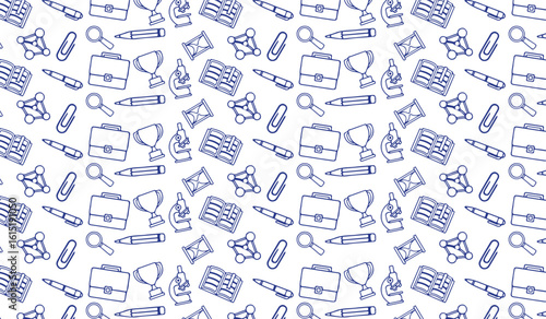 Hand-drawn seamless pattern with science, education, and business icons in a doodle style