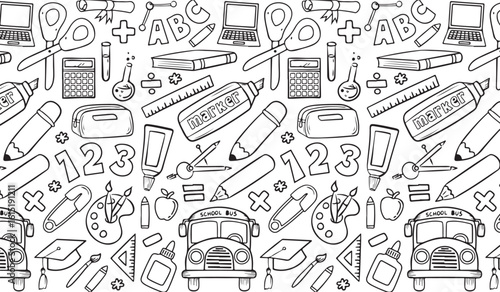 Seamless pattern with hand-drawn school supplies doodle. Black and white education background.