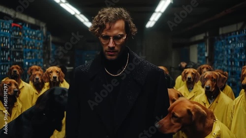 AI-generated 4K cinematic scene featuring figure in dark clothing in institutional corridor with uniformed individuals and blue-green lighting. Dramatic atmosphere creates tense facility environment