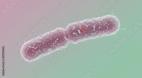 Close up detailed microscopic view of dividing bacterial cell in pale color gradient backdrop