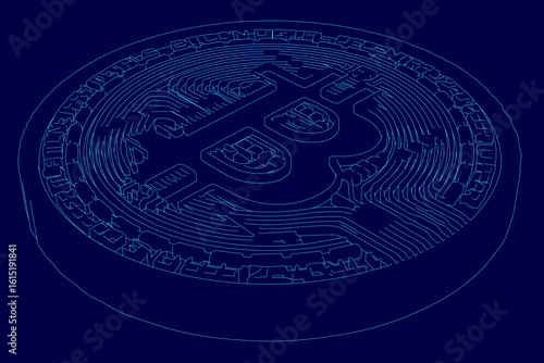 A blue bitcoin contour glows on a dark blue background, representing digital currency innovation. The sleek design highlights blockchain technology and financial revolution.