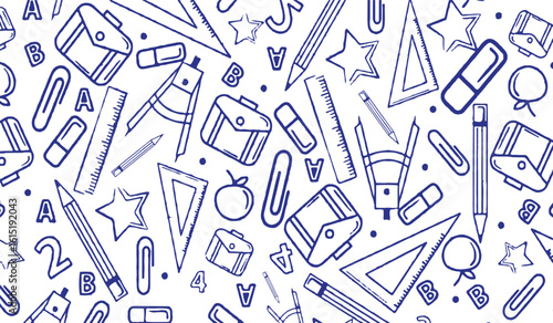 Educational background with a seamless doodle pattern of various school supplies in blue line art style.