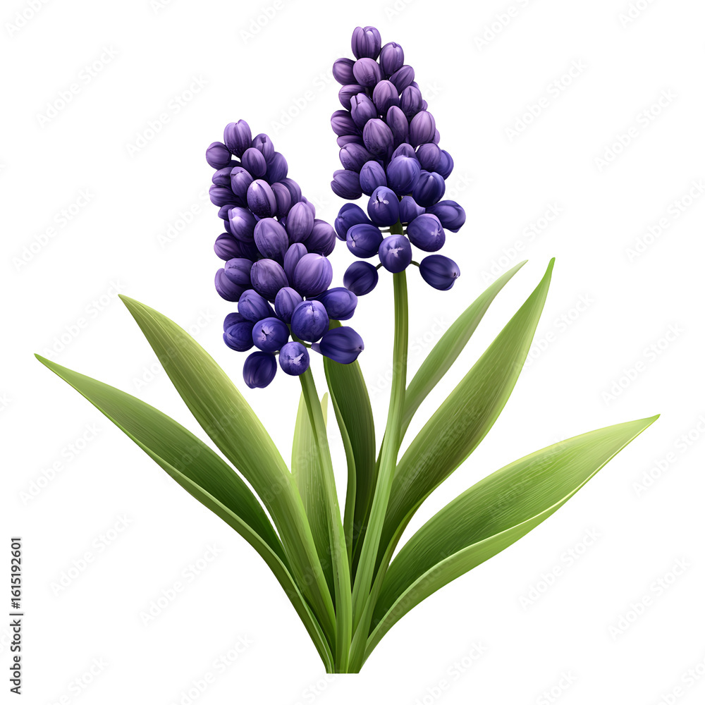 Obraz premium Vibrant Purple Muscari Flower with Green Leaves - Professional Floral Photography