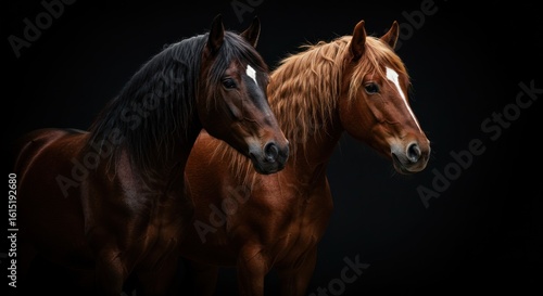 Equine Elegance: Portrait of two horses against a seamless black background