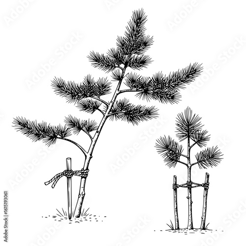 Pine saplings supported by stakes in black and white illustration  