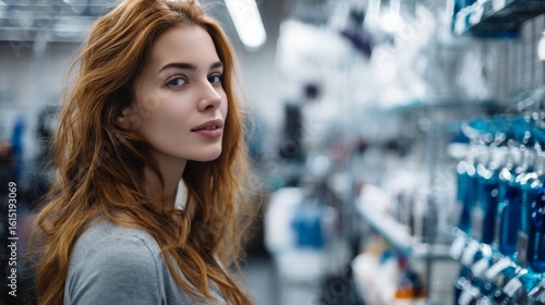 Wallpaper Mural Young woman shopping in supermarket aisle with shelves full of products and bright lighting Torontodigital.ca