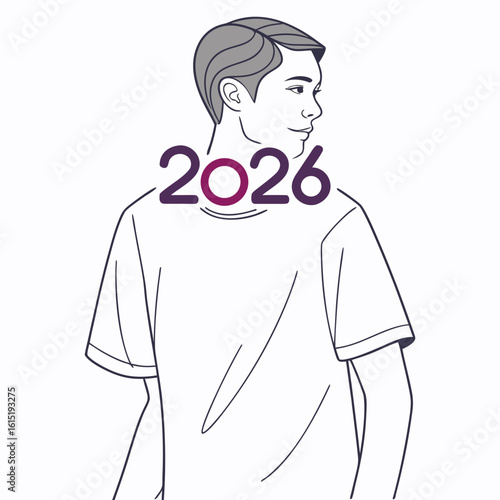 Young man looking over his shoulder with the year 2026 displayed prominently