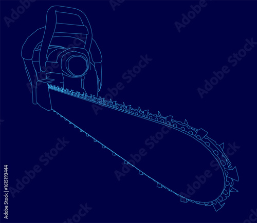 Chainsaw blueprint with detailed contour lines on a vibrant blue background. The handle and blade are clearly outlined in white, creating strong contrast.