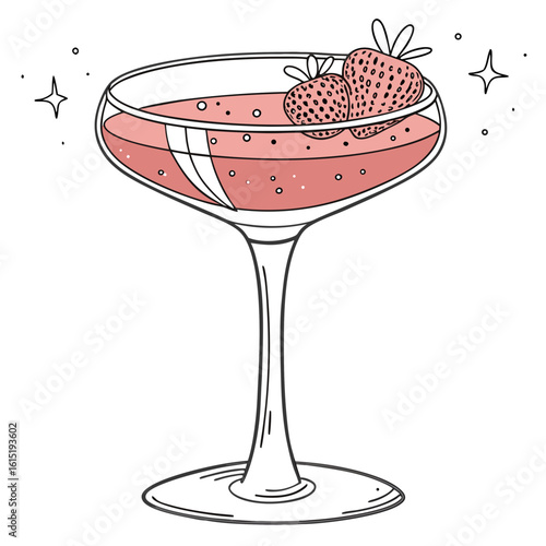 Charming hand drawn strawberry cocktail in a coupe glass with sparkling accents