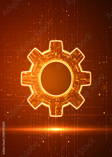 A glowing orange gear icon, digitally rendered, set against a background of binary code.