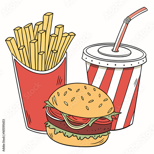 Classic american fast food meal featuring a juicy hamburger crispy french fries and a striped soda cup with a straw