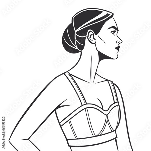 Elegant woman in profile wearing a stylish bustier with hair styled in a chic bun