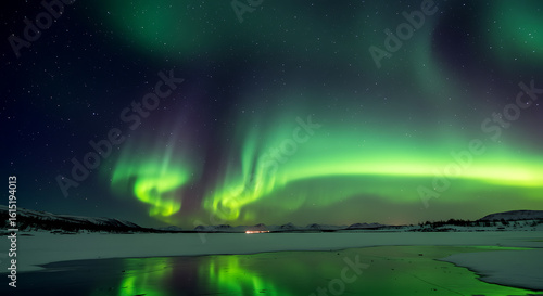 Wallpaper Mural Capture the aurora borealis reflecting off a frozen lake at night. Highlight vivid sky colors and icy landscape below.

 Torontodigital.ca