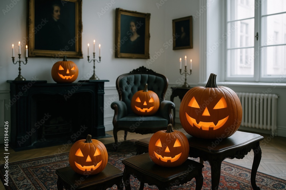 Obraz premium Shadowy room adorned with glowing jack-o'-lanterns on vintage furniture, creating spooky atmosphere for halloween celebration with flickering candles and antique portraits