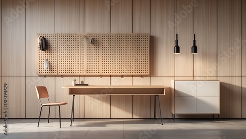 Modern minimalist home office interior with a long floating wooden desk, a simple chair, and a unique wall-mounted grid organizer