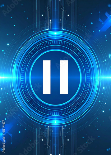 A blue digital background with a glowing pause symbol in the center, surrounded by concentric circles and circuit board patterns.
