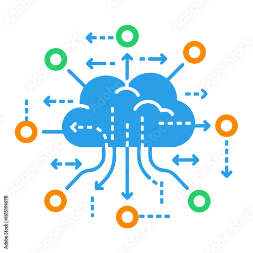 This vibrant illustration depicts a central cloud processing unit facilitating global data exchange and innovative technological connectivity across a distributed network.