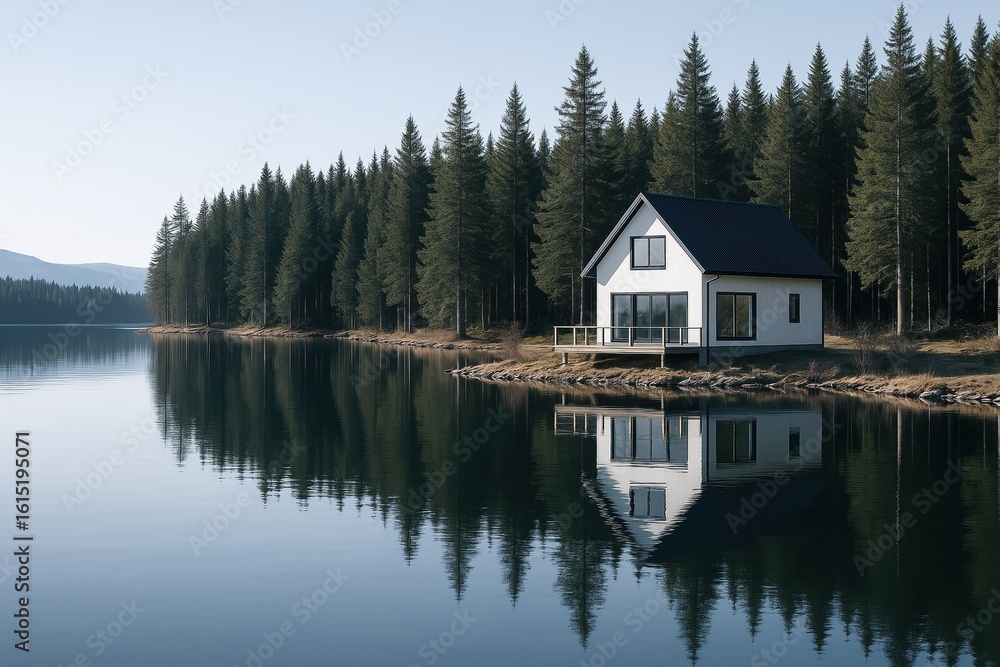 Fototapeta premium Serene lakeside house surrounded by pine forest reflecting in calm water under clear blue sky, conveying peaceful solitude and tranquility in nature