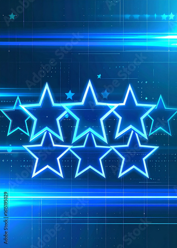 Glowing blue stars arranged in a symmetrical pattern against a digital background.