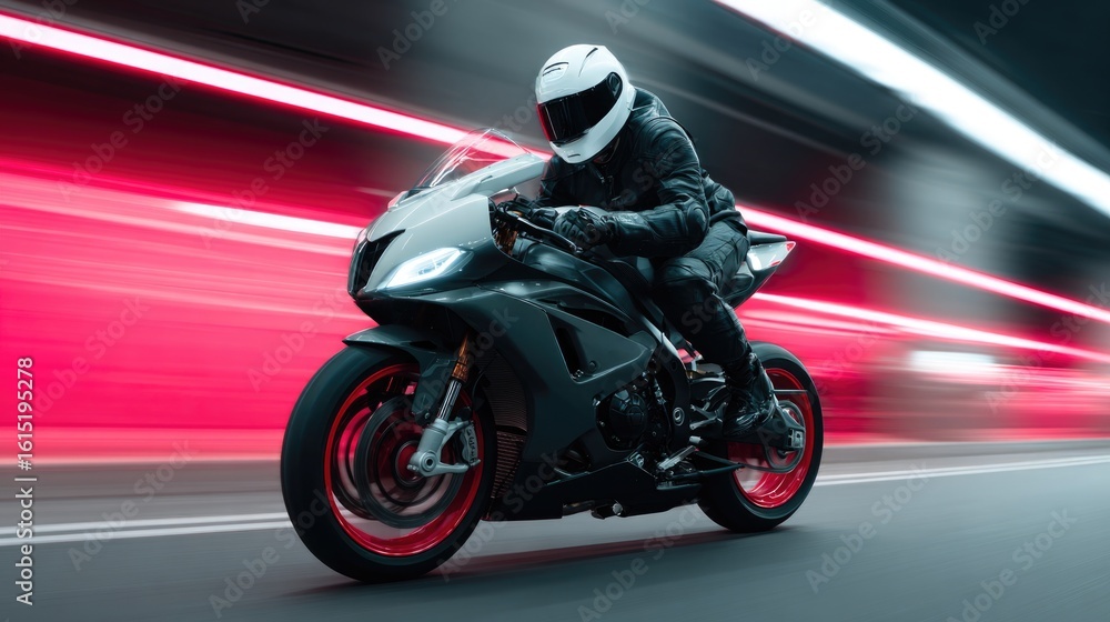 Fototapeta premium Fast Motorcycle Ride in Futuristic Tunnel at Night