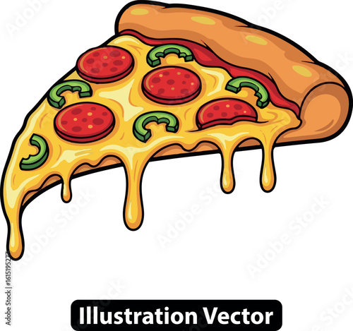 Mouthwatering cartoon style pizza slice featuring pepperoni, green peppers, and gooey dripping cheese.