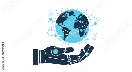 A robotic hand gently holds a glowing digital earth, symbolizing global technological innovation and connectivity in a modern world.