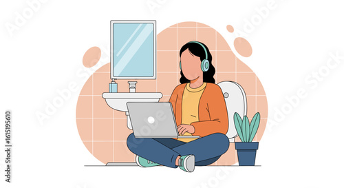 Woman working on laptop in bathroom, illustration for blog post or social media.