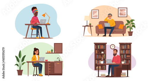 Diverse group of people working remotely from home, perfect for illustrating work-from-home concepts.