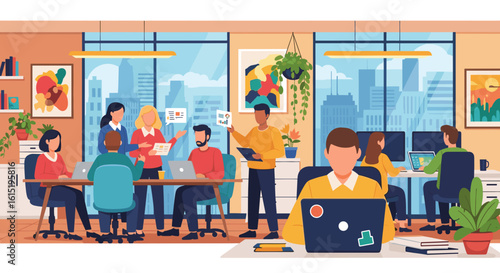 Diverse team collaborating in a modern office, perfect for website banners or presentations.