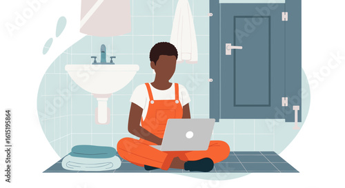 Person working on laptop in bathroom, perfect for website banners, blog posts, or social media.