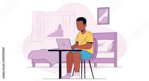 Young man working on laptop from bed, perfect for remote work, freelance, or work-from-home concepts.